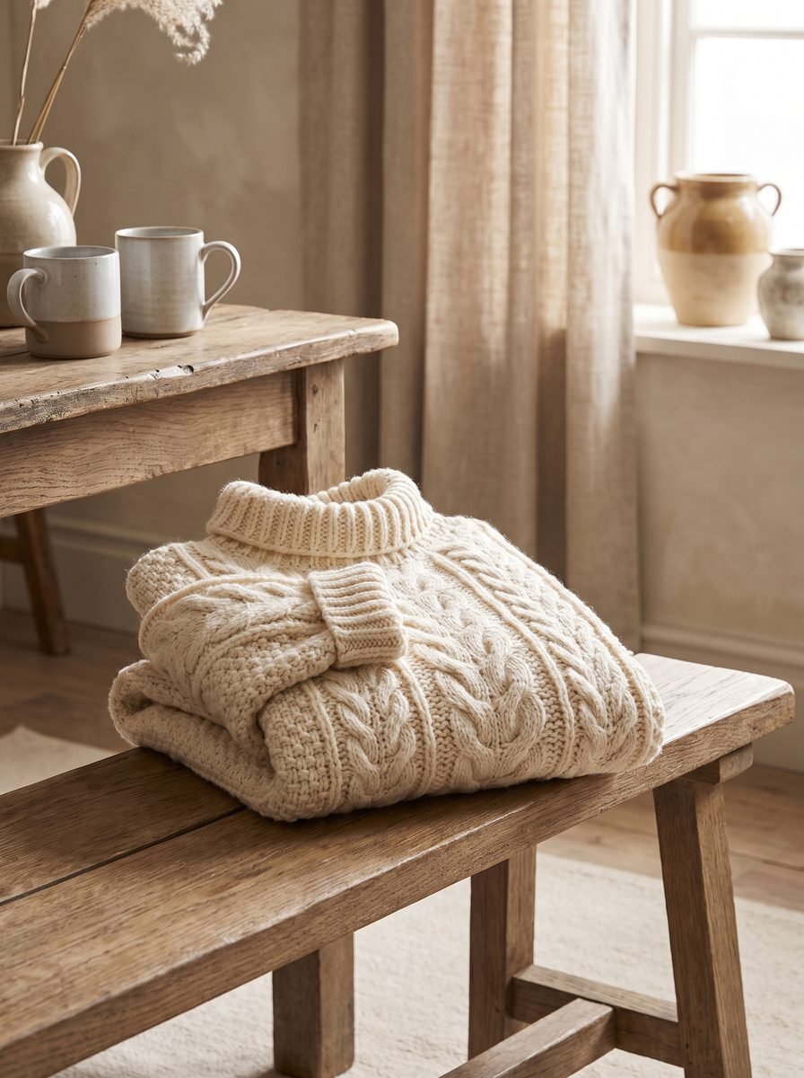Folded cream cable and moss texture turtleneck sweater with a rolled collar on a wooden bench in a cottage room
