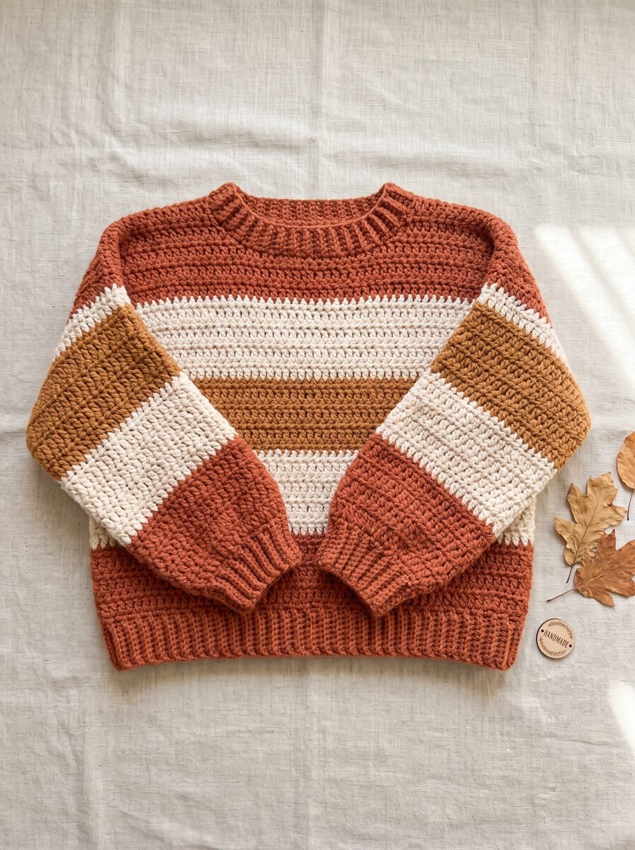 Drop-shoulder crochet pullover in wide stripes of terracotta, cream and mustard laid flat on natural linen with oak leaves