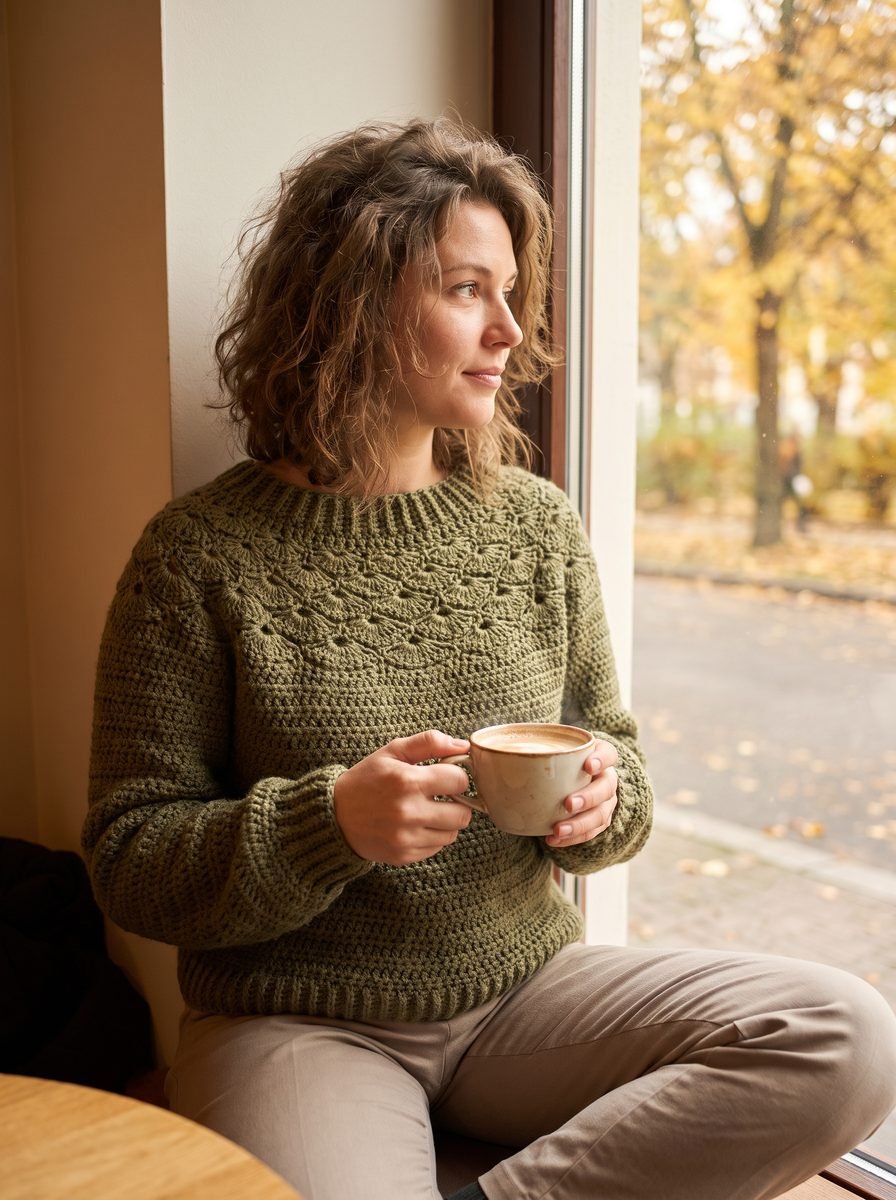 Woman in an olive green crochet sweater with a shell stitch yoke holding a cappuccino by a cafe window