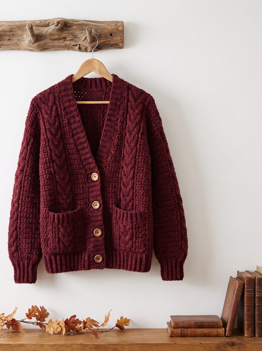Deep burgundy crochet cable cardigan with wooden buttons and front patch pockets hanging on a driftwood peg rail