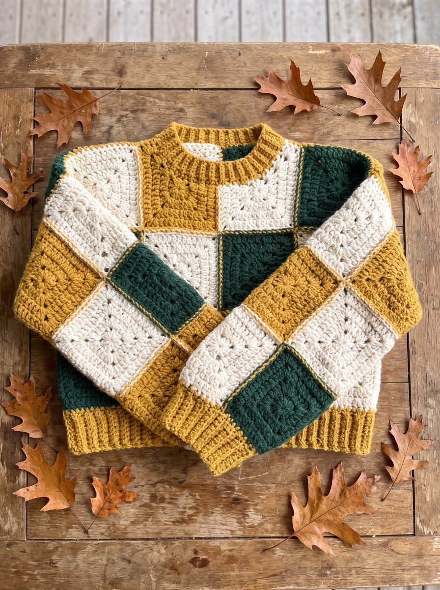 Folded granny square crochet sweater in mustard, cream and forest green with mustard ribbing on a weathered wooden table with oak leaves