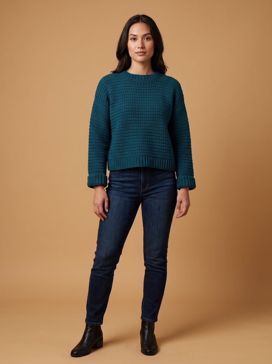 Woman in a teal textured crochet pullover with folded cuffs, dark jeans and black ankle boots against a tan backdrop