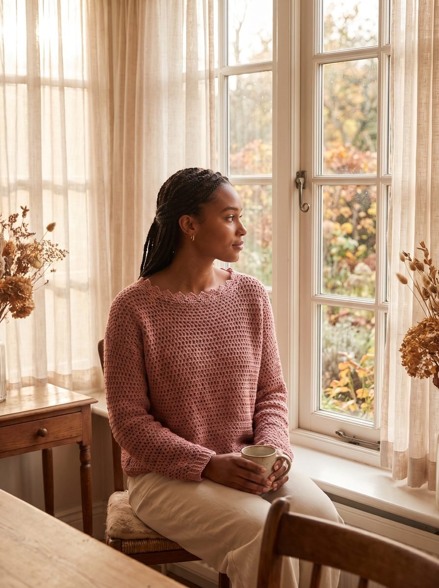 Woman in a dusty rose mesh stitch crochet pullover with a scalloped neckline sitting by a cottage window holding a mug