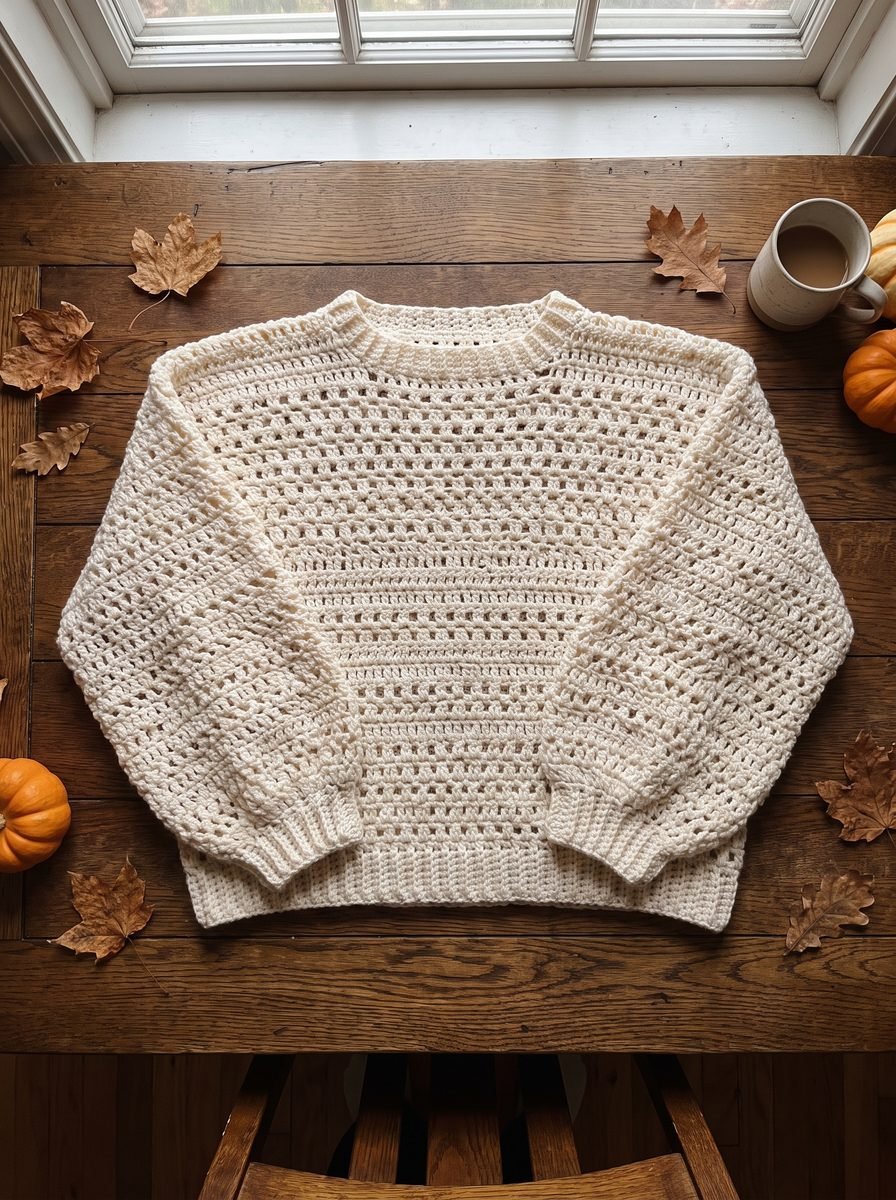 Ivory openwork crochet pullover with drop shoulders and ribbed cuffs laid flat on a dark wood table with autumn leaves and small pumpkins