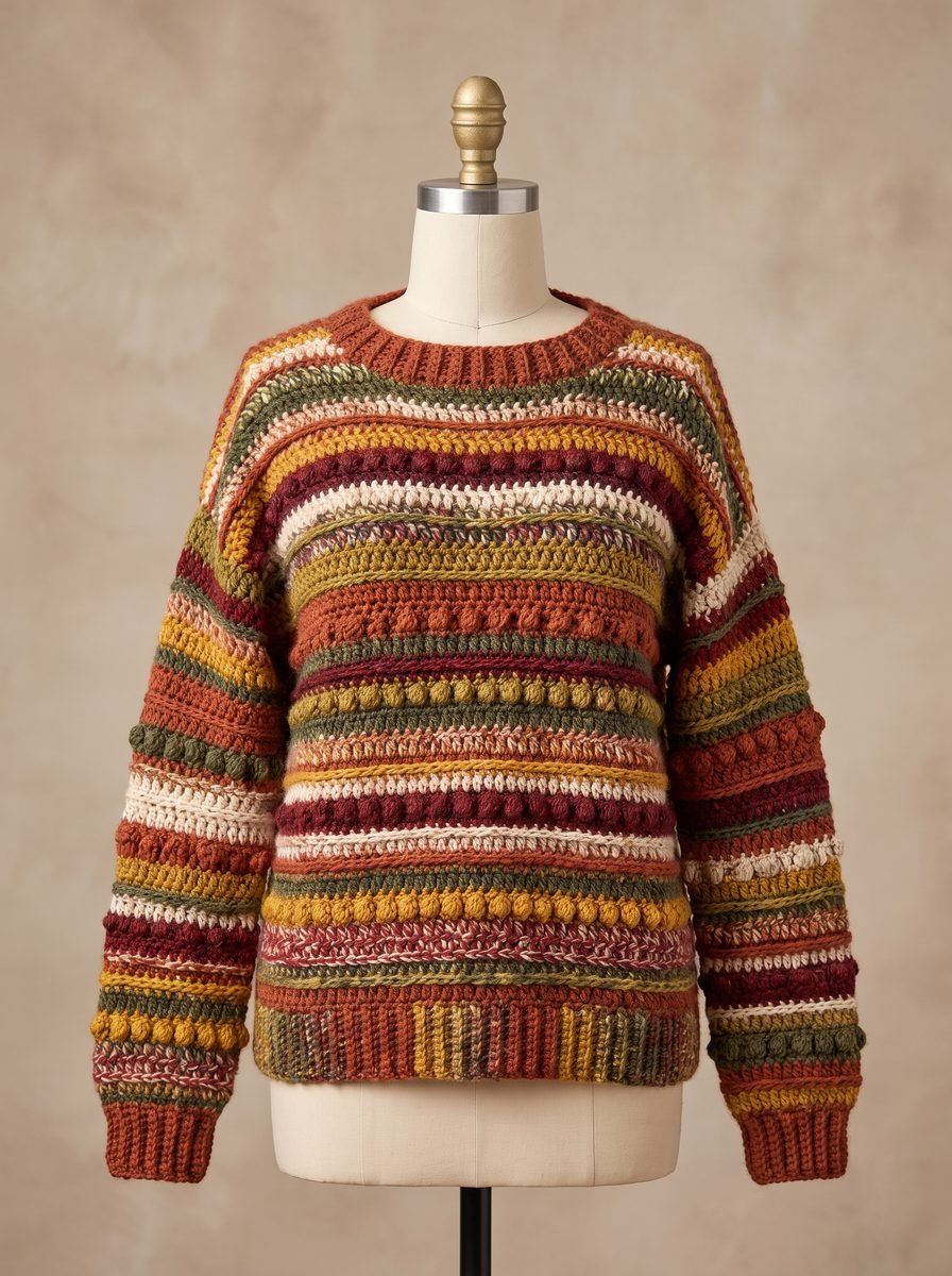 Multicolored striped crochet sweater with bobble and puff stitch rows in rust, burgundy, mustard, olive and cream on a dress form