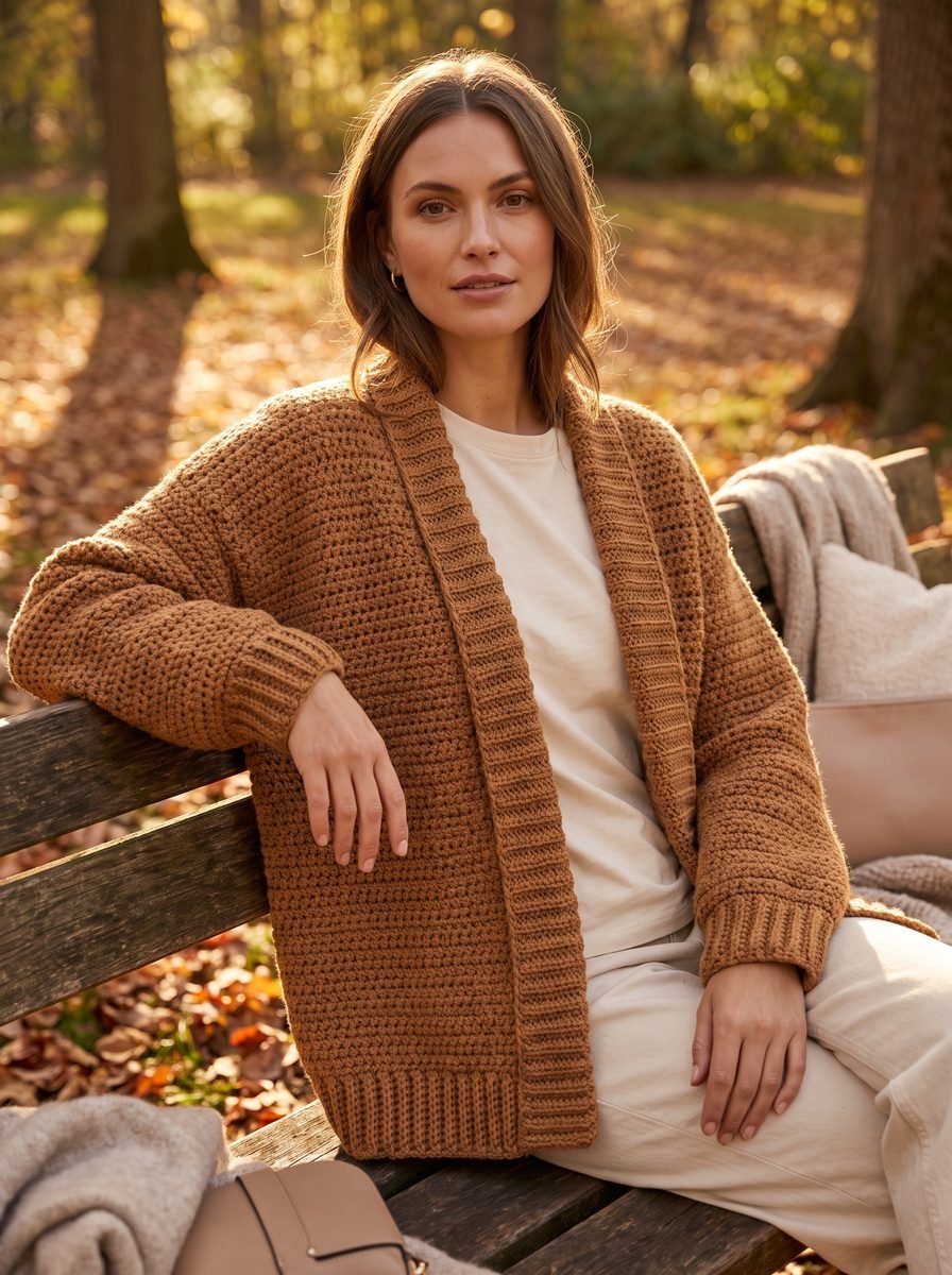 Woman sitting on a park bench in autumn wearing a long caramel crochet cardigan with wide ribbed front bands over a cream t-shirt