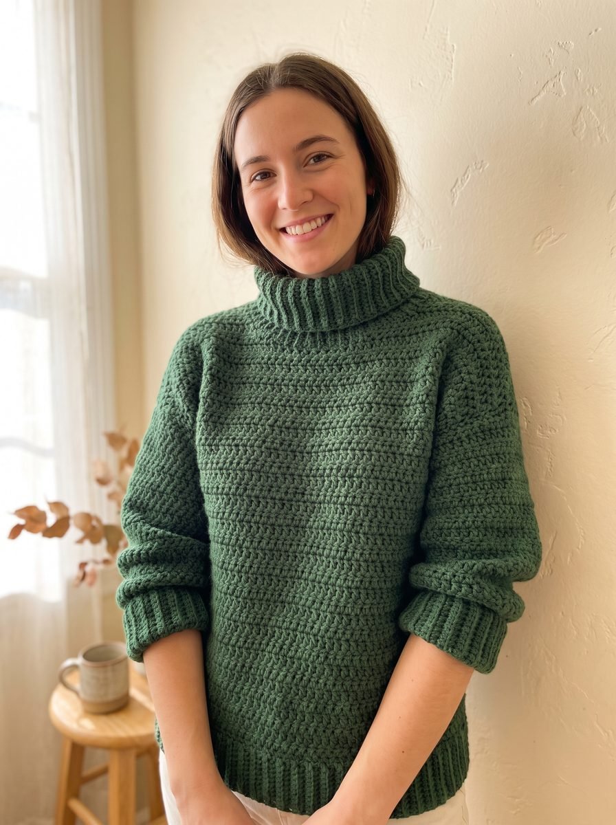 Smiling woman in a forest green crochet turtleneck sweater with folded ribbed cuffs standing against a cream wall