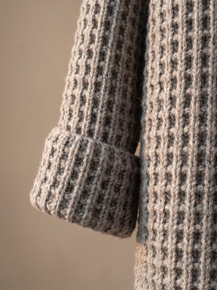 Close-up of a taupe grey crochet sweater sleeve with a deep folded ribbed cuff and vertical rib texture against a taupe background