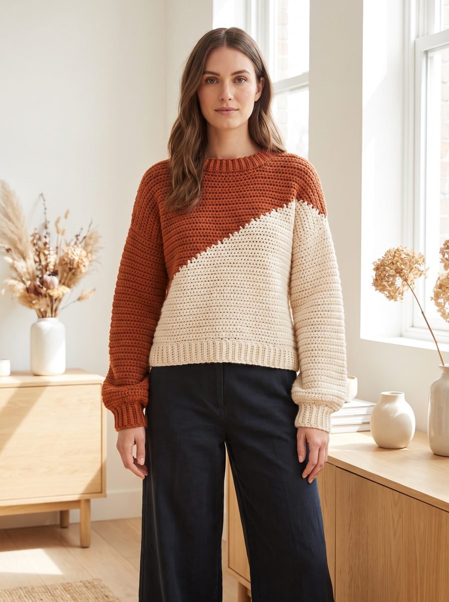 Woman in a rust and cream diagonal colorblock crochet sweater with ribbed cuffs and black wide-leg trousers in a sunlit room