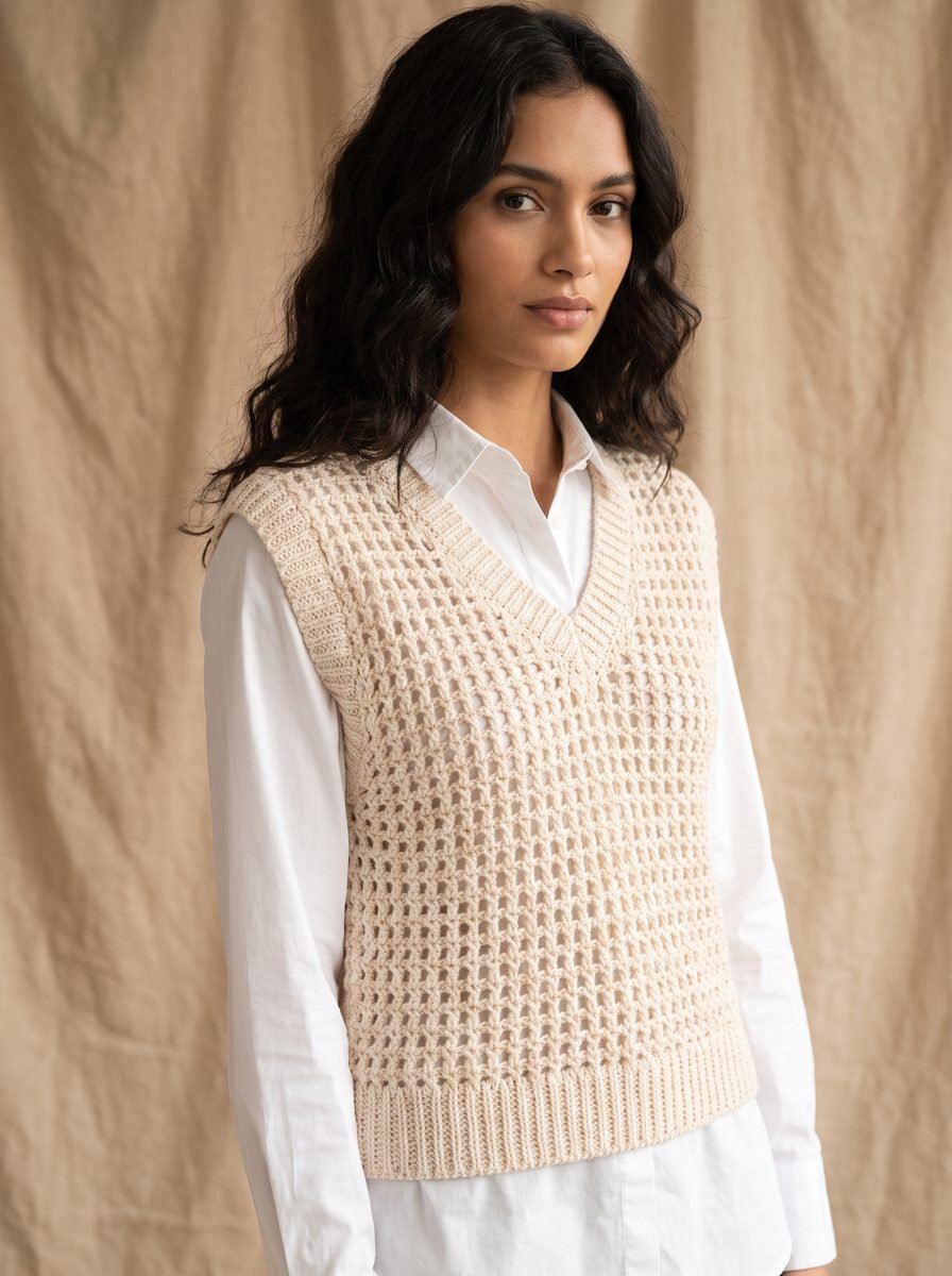 Woman in a cream openwork crochet sweater vest with a V neck and ribbed hem layered over a white button-down shirt