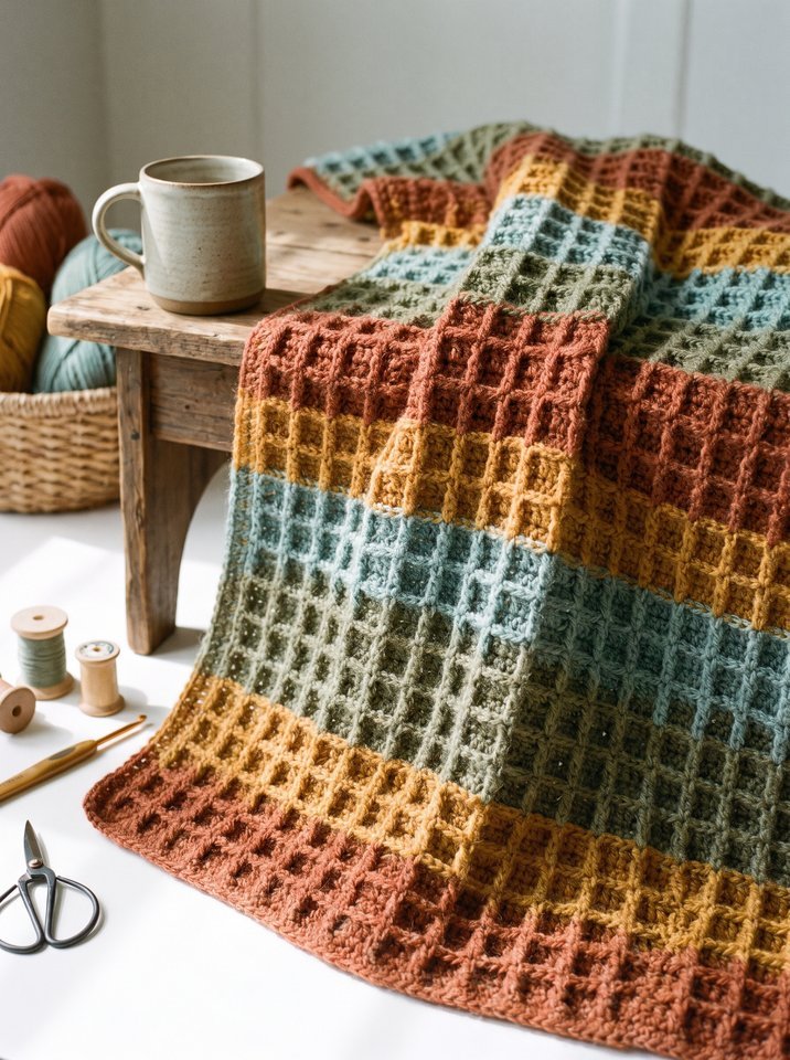 Finished crochet waffle stitch blanket in terracotta mustard teal stripes draped over a rustic wooden bench beside a ceramic mug