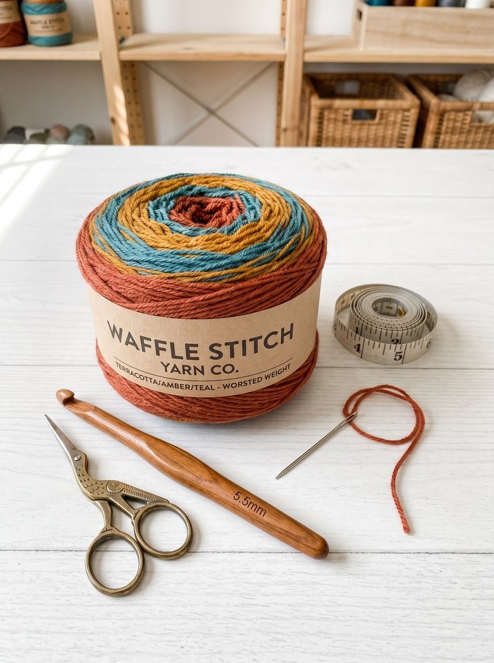 Worsted yarn cake in terracotta, amber and teal with a 5.5 mm wooden crochet hook, brass scissors and a tape measure on a studio table