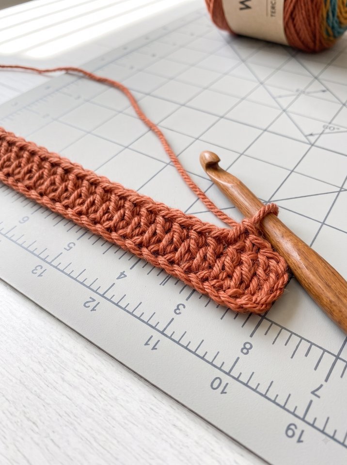 Crochet foundation chain and row one of double crochet in terracotta yarn resting on cutting mat with wooden hook