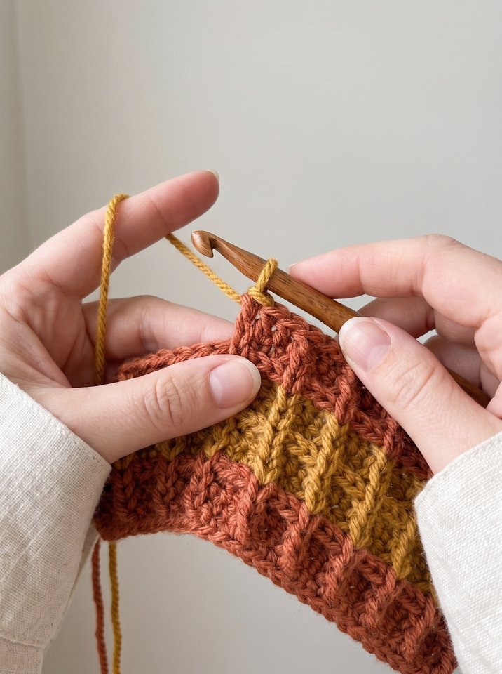 Artisan hands in linen sleeves demonstrating front post double crochet stitch insertion with wooden hook