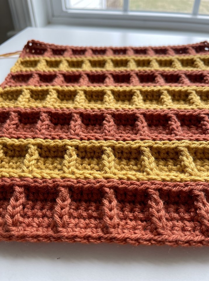 Close-up texture of completed crochet waffle stitch rows showing square recessed pockets in terracotta and amber yarn