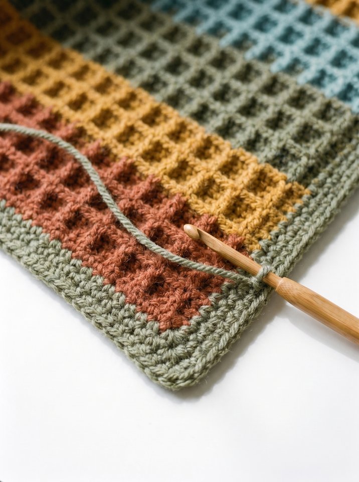 Macro detail of single crochet blanket border in sage olive green worked around waffle stitch corner