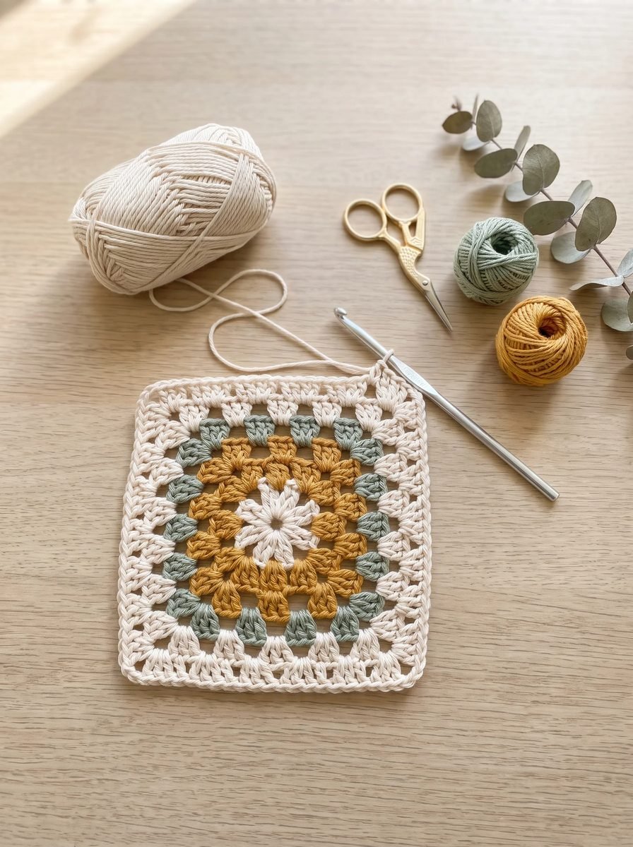 Cream, sage and mustard crochet granny square with a flower center beside cotton yarn balls, gold scissors and a steel crochet hook