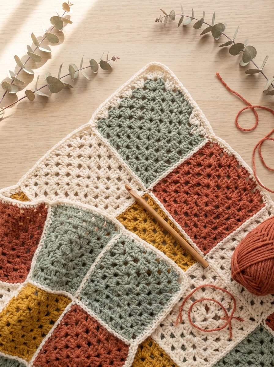 Corner of a granny square blanket in sage, terracotta, mustard and cream with a bamboo hook resting on the squares