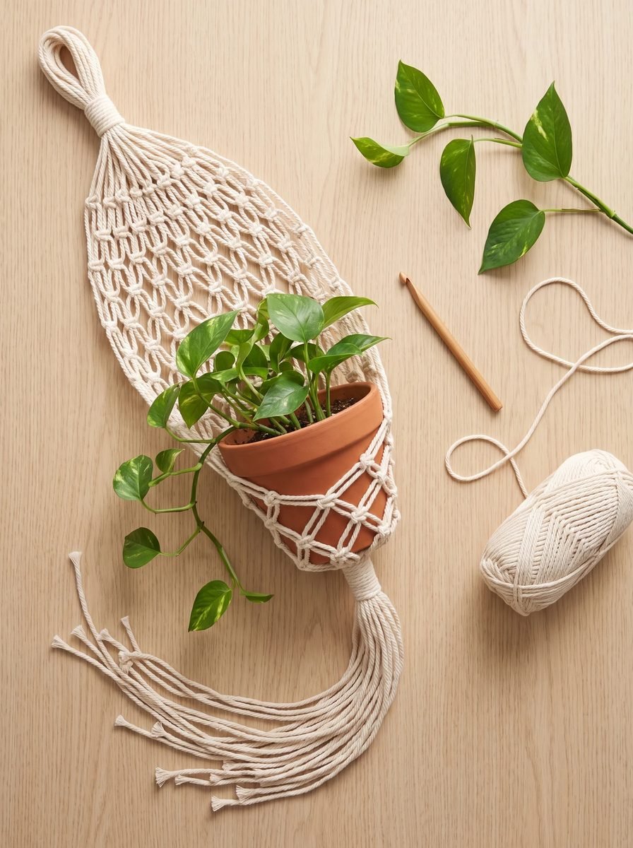 Cream knotted cord plant hanger cradling a terracotta pot of trailing pothos with a long fringe, beside a wooden hook and cord