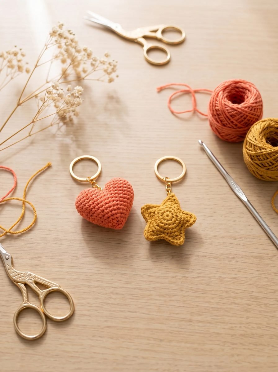 Small coral crochet heart keychain and mustard star keychain on gold rings beside cotton thread balls, a steel hook and scissors