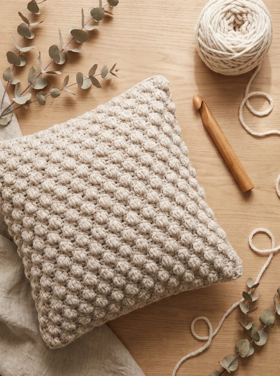 Chunky oatmeal bobble stitch crochet pillow cover on a wooden table with a large wooden hook, a ball of cream yarn and eucalyptus