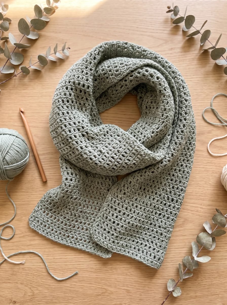 Sage green open mesh crochet scarf folded in soft loops with a wooden hook, a ball of sage yarn and eucalyptus branches