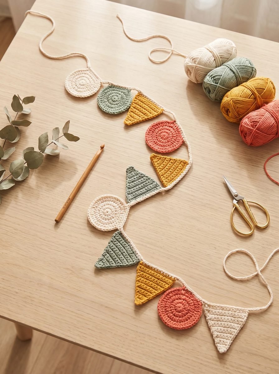 Crochet garland of cream, sage, mustard and coral circles and triangles strung on a cord across a pale wooden table