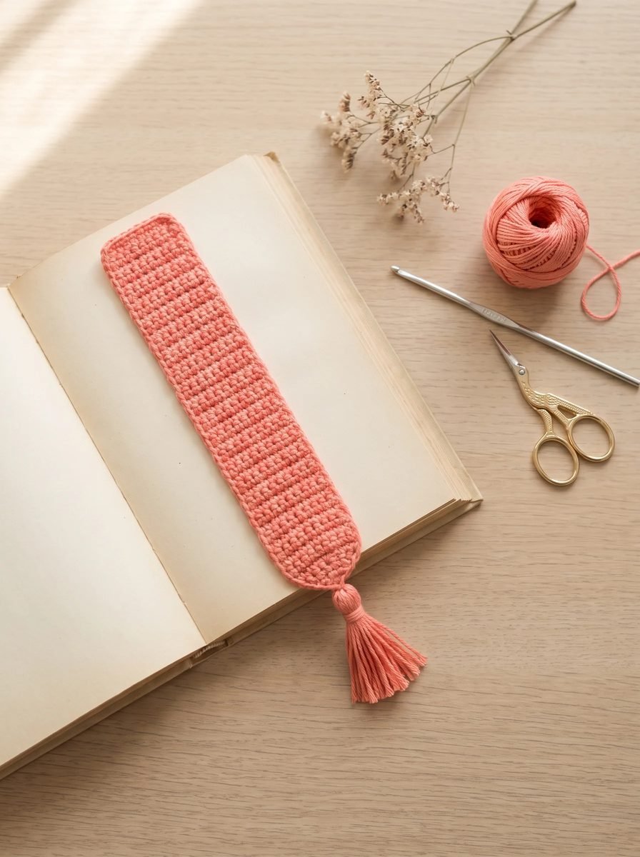 Coral crochet bookmark with a matching tassel lying on an open book next to a ball of cotton thread, a steel hook and stork scissors