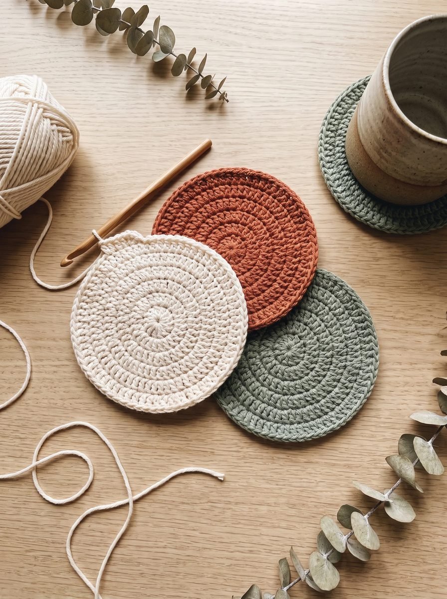 Three round crochet coasters in cream, terracotta and sage on a wooden table with a fourth sage coaster under a stoneware mug