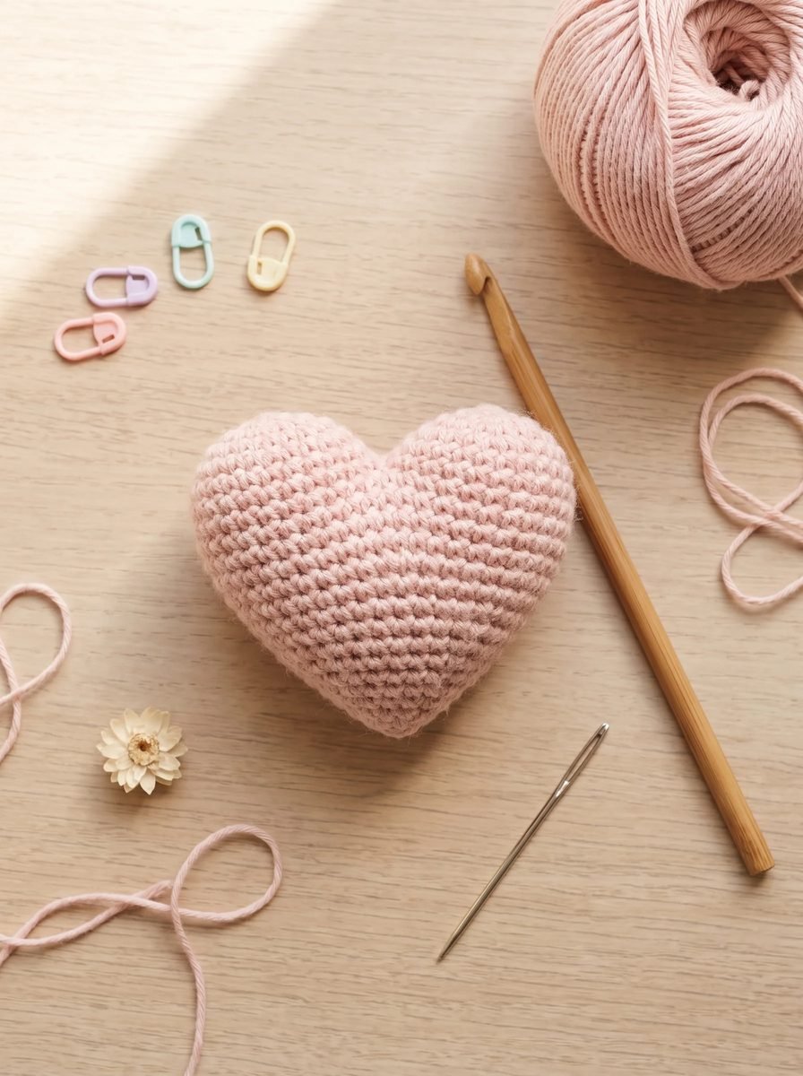 Plump blush pink amigurumi heart with a bamboo crochet hook, a yarn needle and pastel stitch markers on a pale wood table