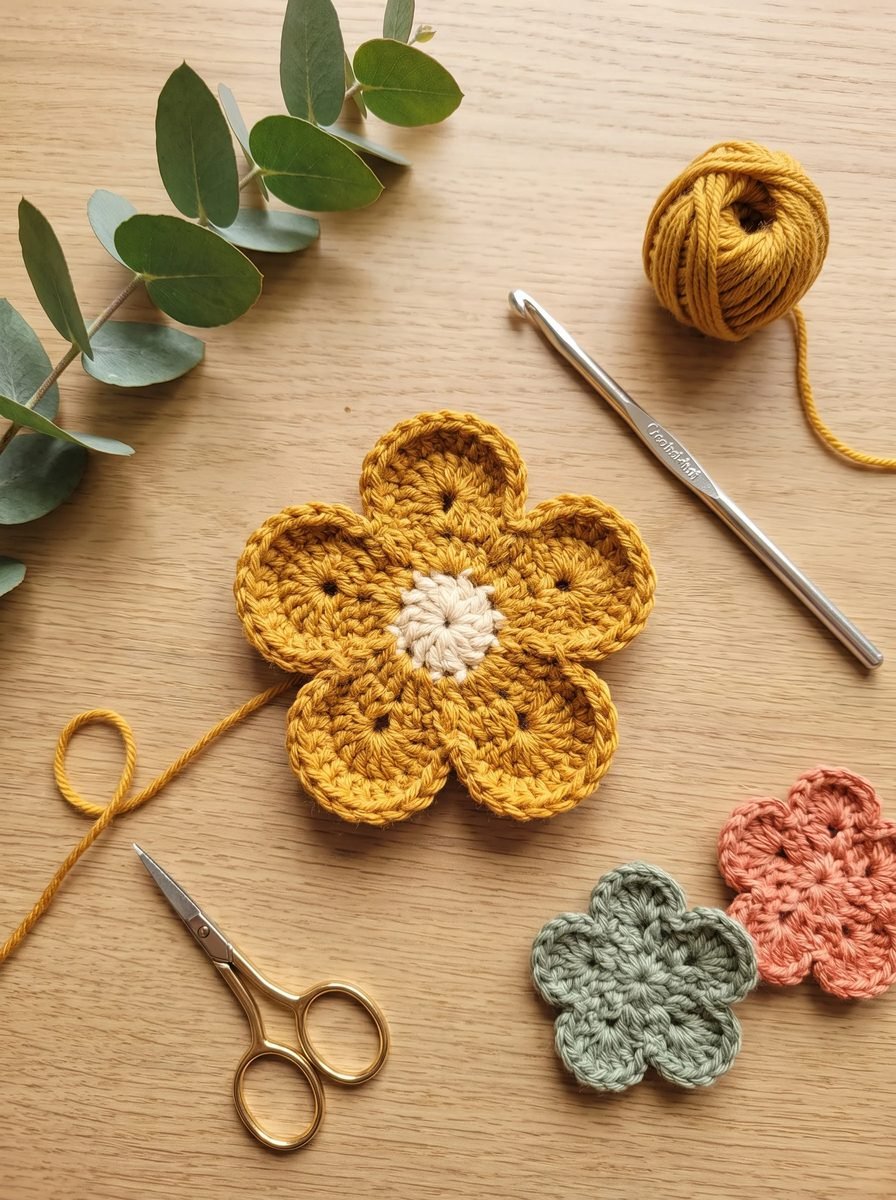 Large mustard crochet flower with a cream center next to smaller sage and coral flowers, a steel hook and gold scissors