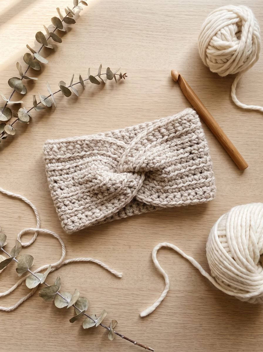 Oatmeal ribbed crochet headband with a front twist beside a wooden crochet hook and two balls of chunky cream yarn