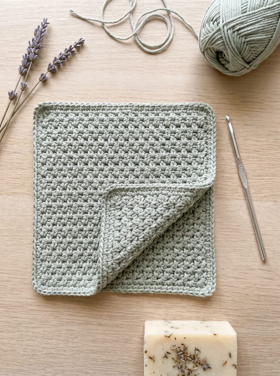 Sage green textured crochet washcloth with one corner folded back, a steel hook, lavender sprigs and a bar of handmade soap