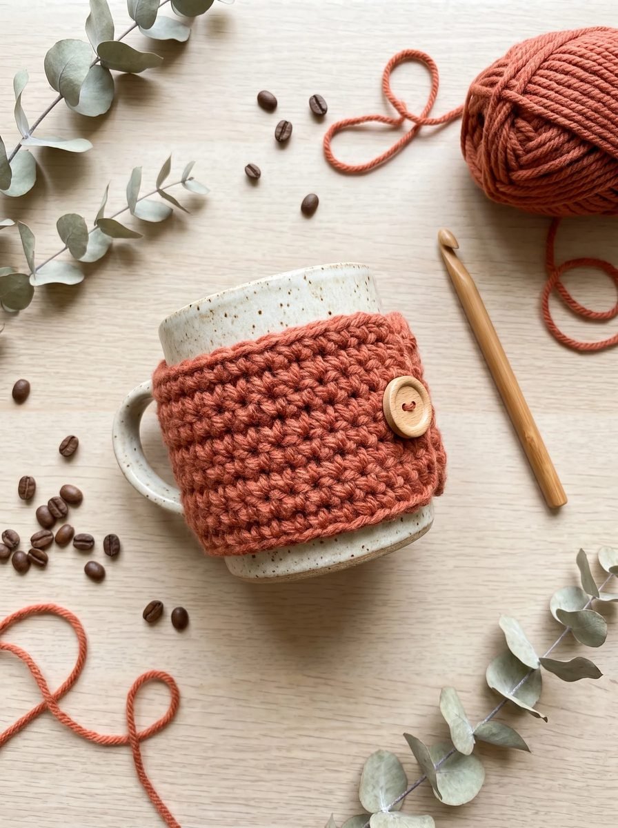 Terracotta crochet mug cozy fastened with a wooden button around a speckled stoneware mug, with coffee beans and a ball of yarn nearby