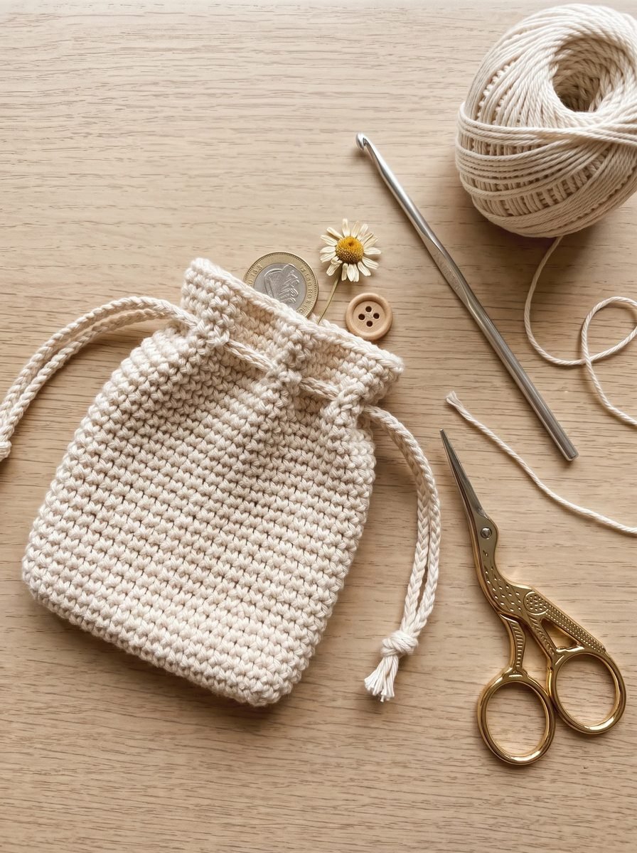 Cream crochet drawstring pouch with braided cords and knotted ends beside a steel hook, a ball of cotton and stork scissors
