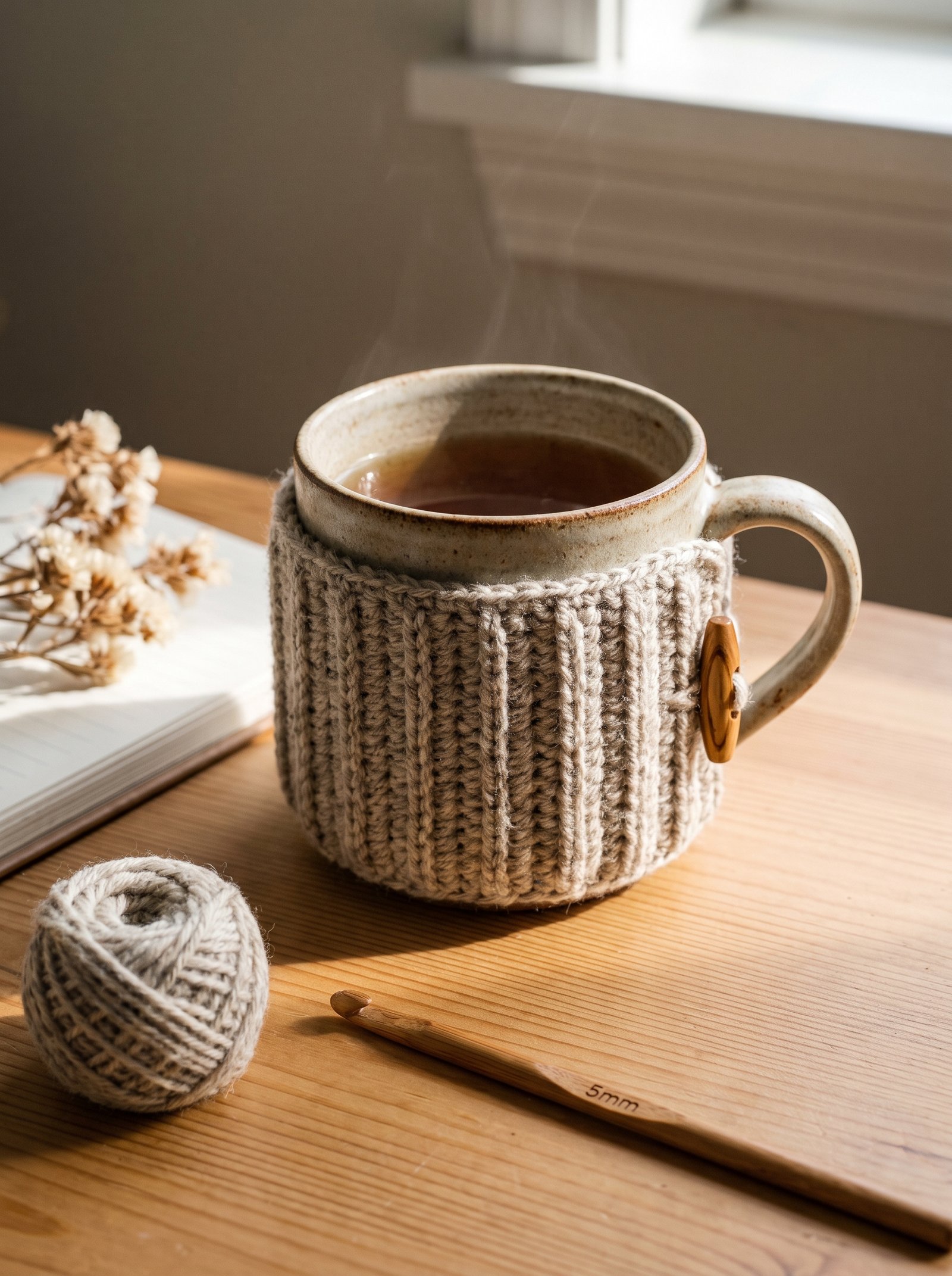 Oatmeal ribbed crochet mug cozy with an olive wood button around a ceramic mug on a studio table