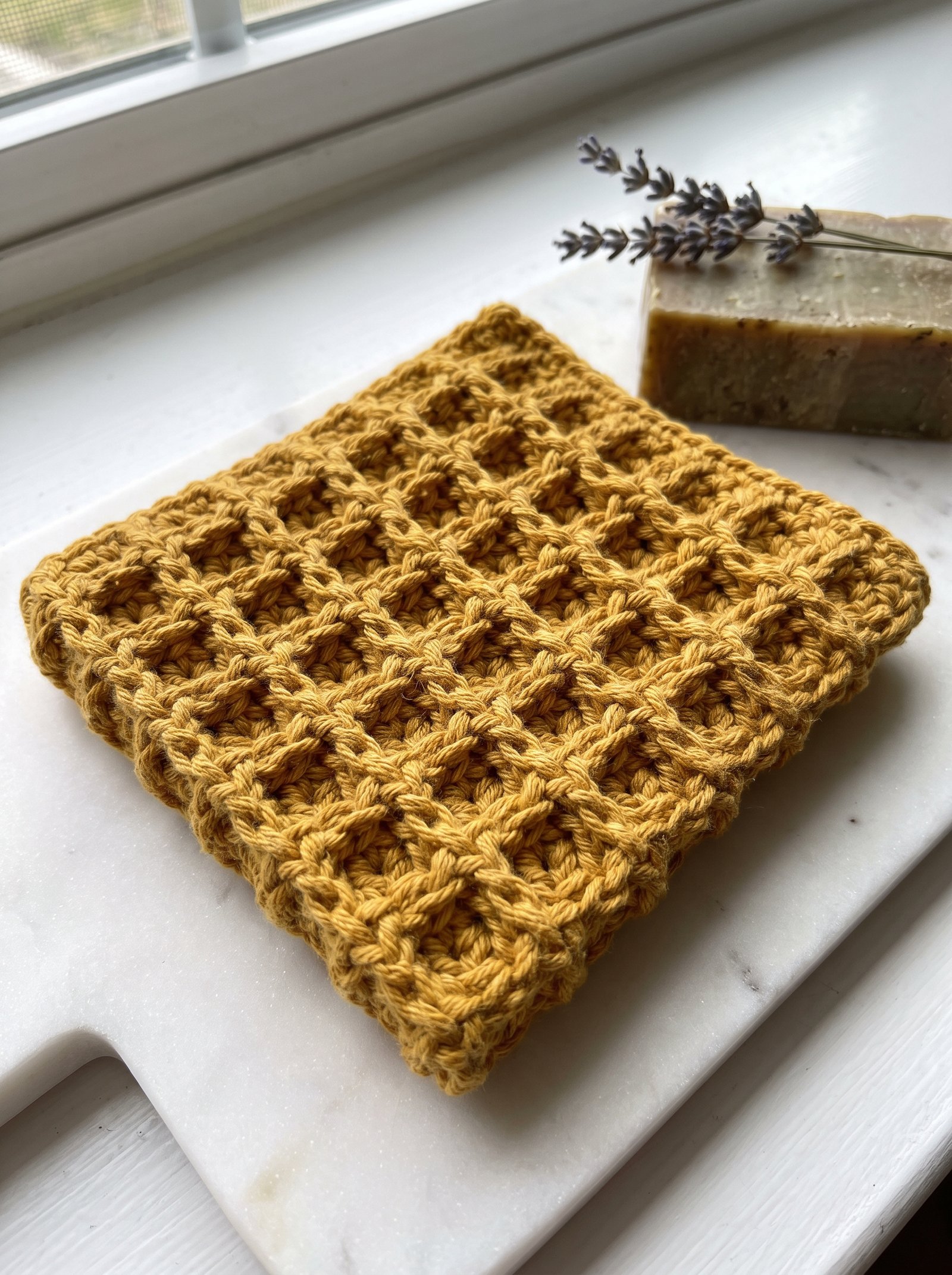 Mustard yellow waffle stitch crochet dishcloth folded on a kitchen counter next to natural olive soap