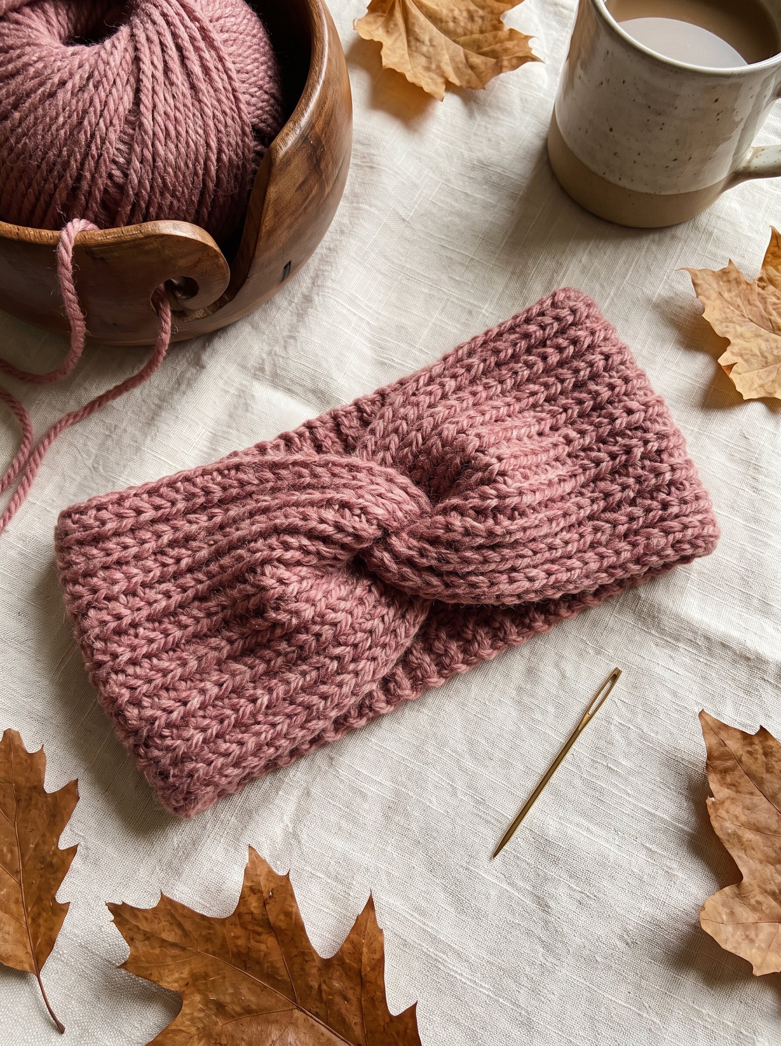 Dusty rose bulky crochet headband with a front twist fold beside a wooden yarn bowl and tapestry needle