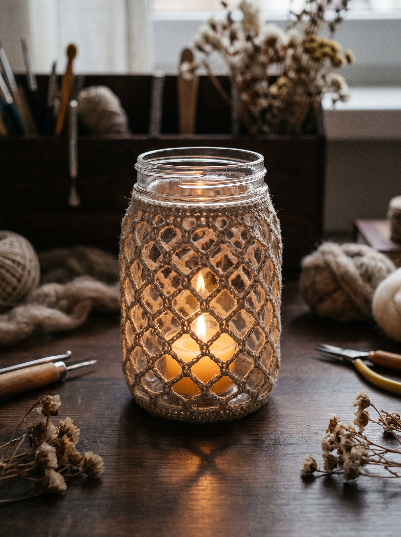 Crochet diamond lace jar sleeve wrapping a glowing glass candle jar on a dark wood craft desk