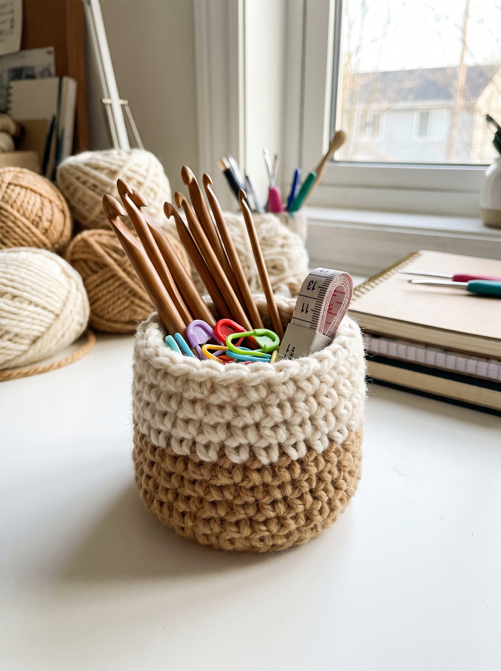 Cylindrical chunky cream and camel crochet trinket basket holding wooden hooks on a bright desk