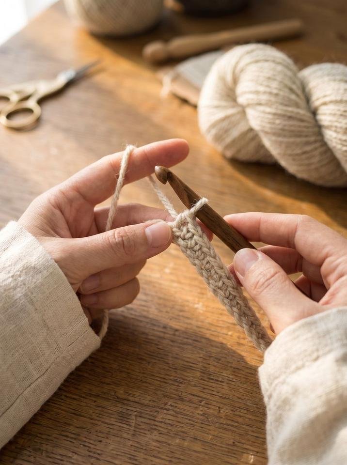 Crochet hook inserted through the second foundation chain loop pulling up the first working loop