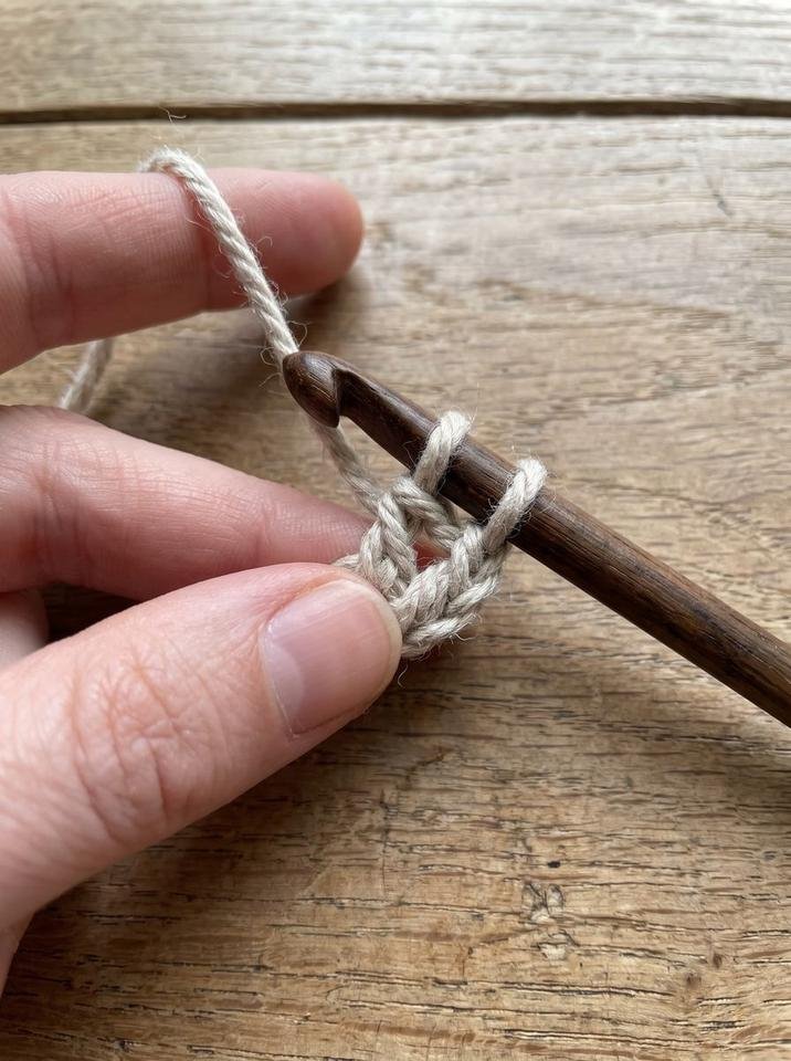 Yarn over and completion of the herringbone single crochet stitch across the foundation chain
