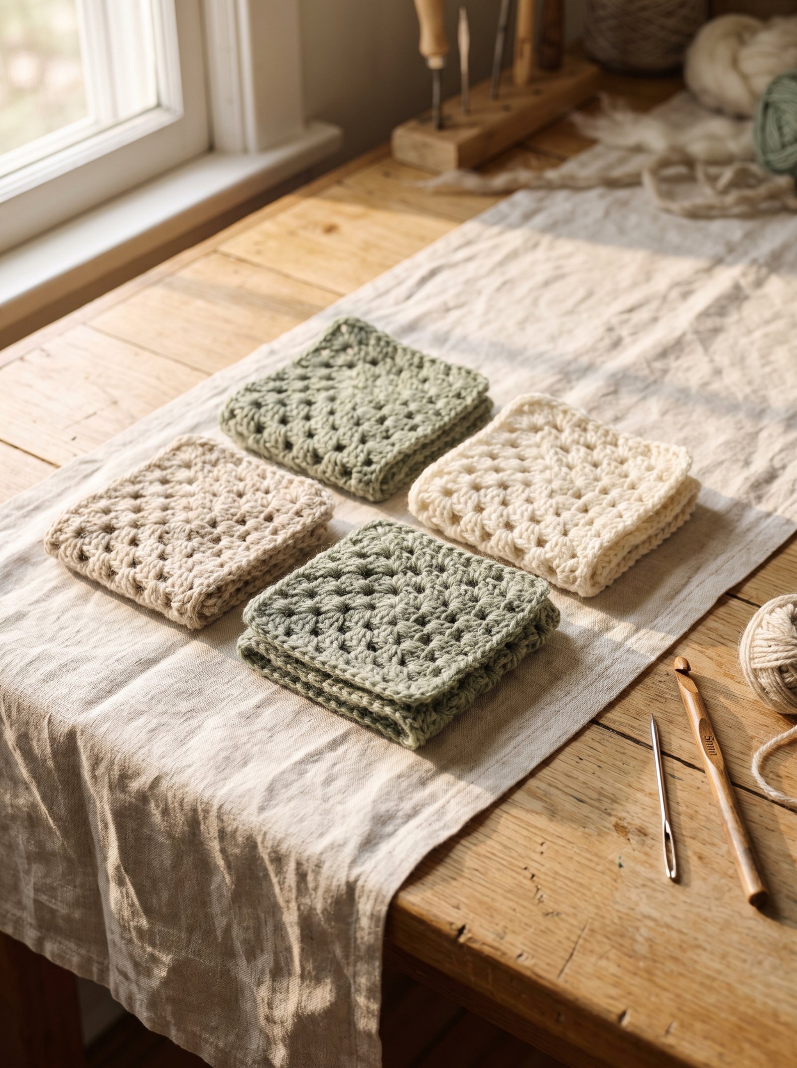Four finished crochet granny squares in soft sage, oatmeal, and cream laid out on a linen runner on a light oak workbench