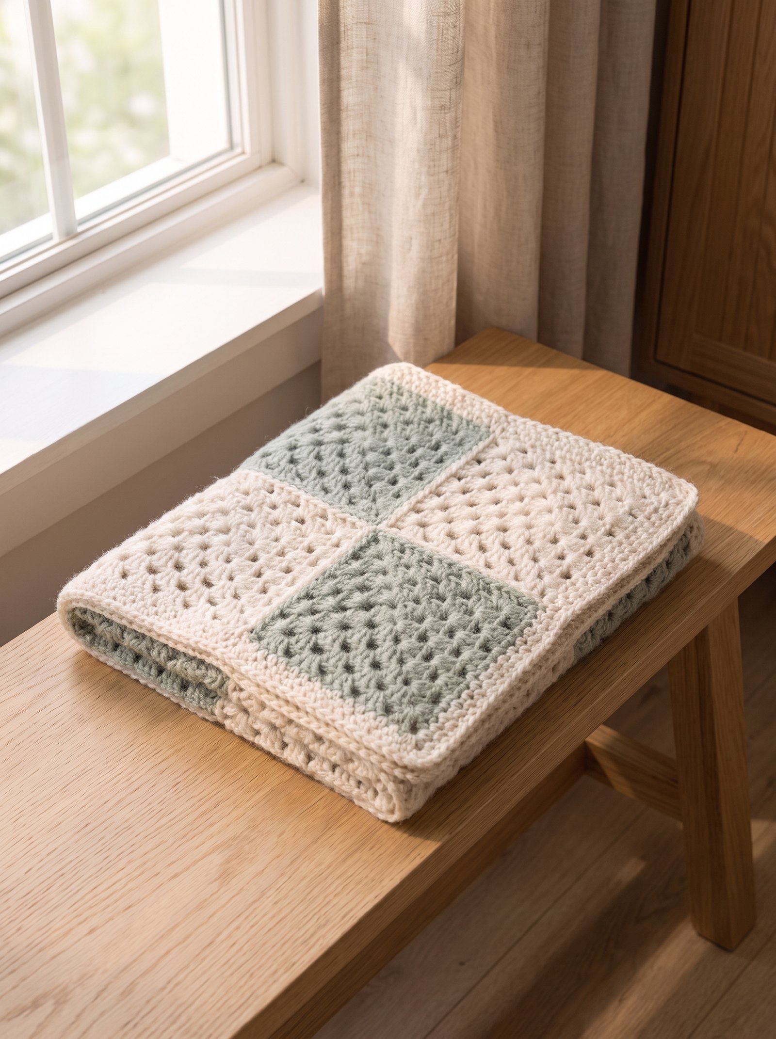 Folded neutral granny square blanket resting on an ash wood bench in soft morning sunlight