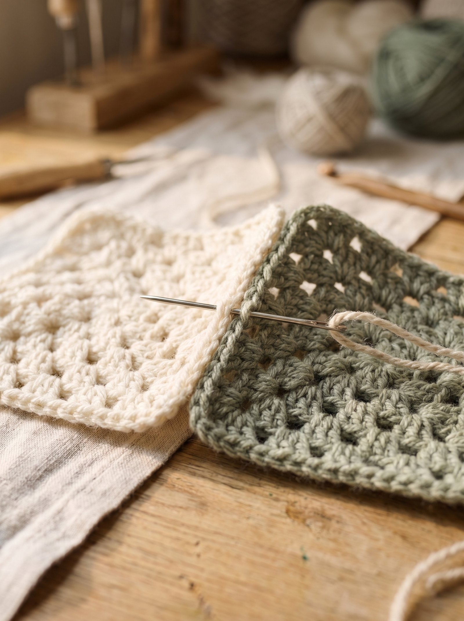 Two cream granny squares being joined with a blunt tapestry needle using the invisible mattress stitch
