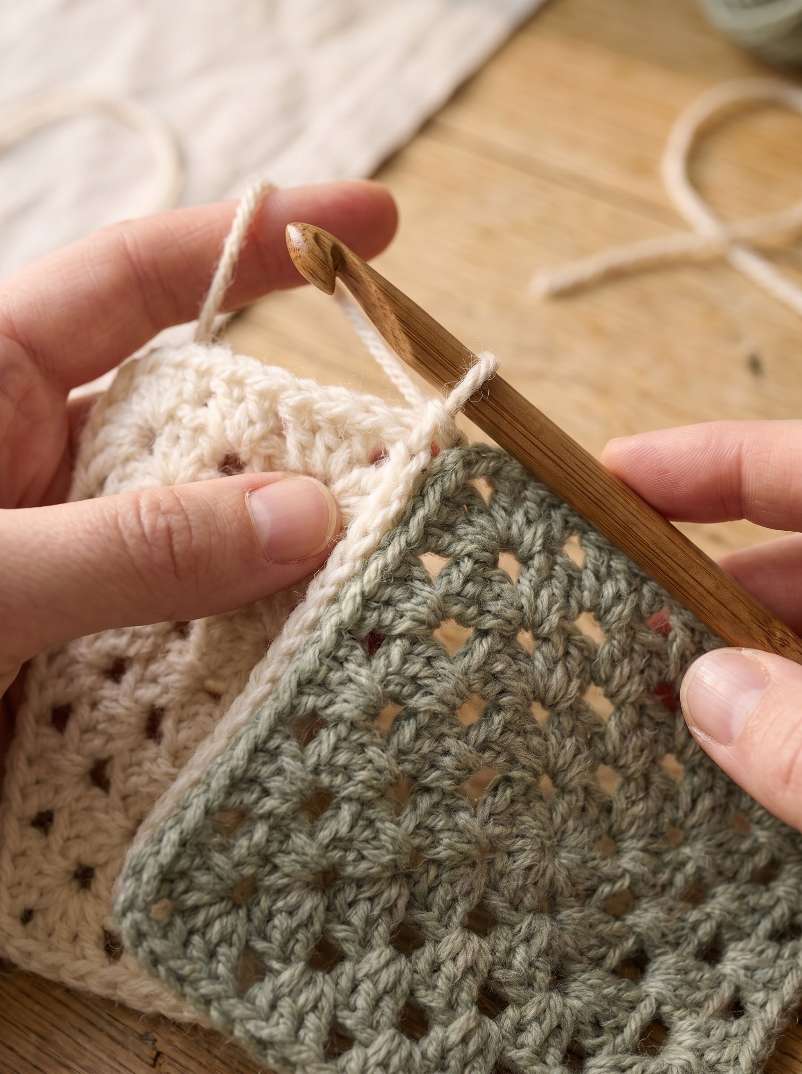 Two crochet granny squares being joined on the wrong side with a wooden crochet hook using slip stitches
