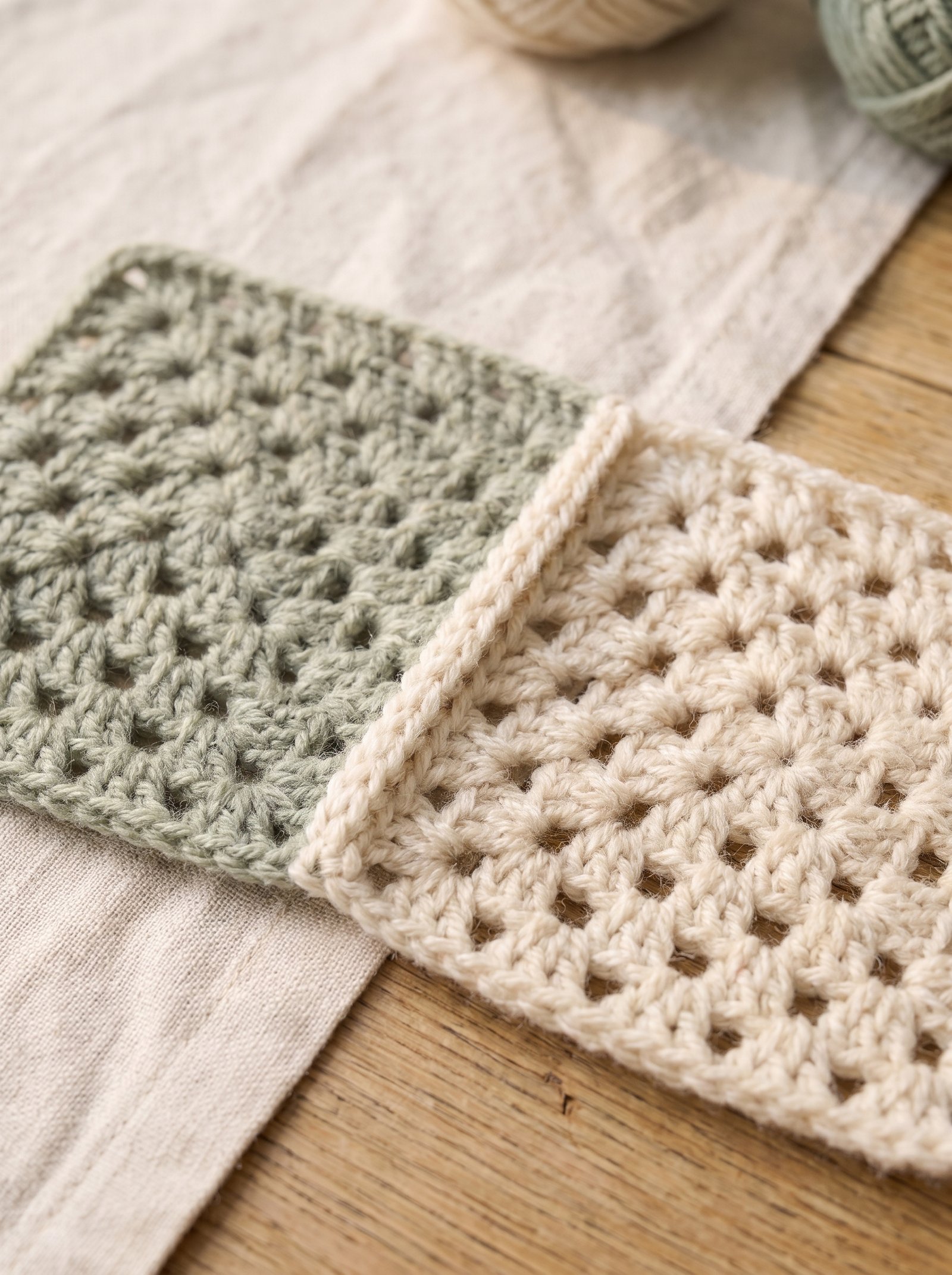 Two textured crochet squares joined with a raised single crochet ridge seam in contrasting off-white cotton yarn
