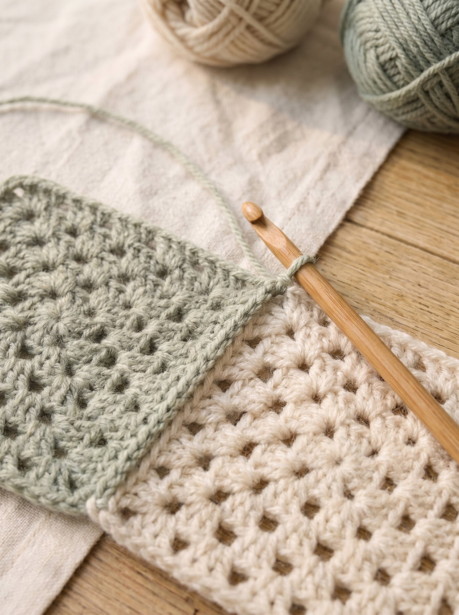Join-as-you-go granny square in progress connecting into adjacent squares at corner chain spaces