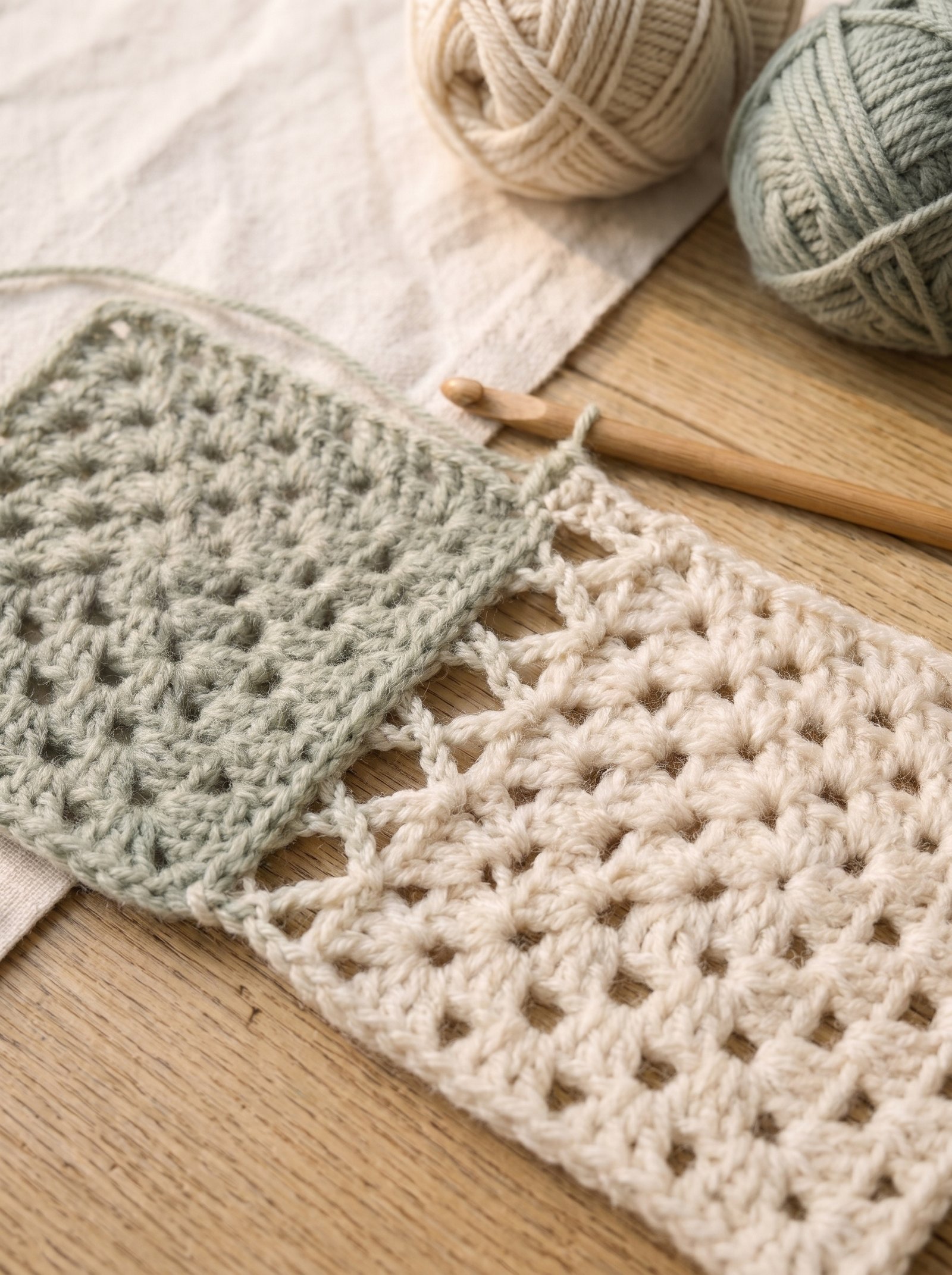 Two pastel sage and sand granny squares connected with an openwork lacy flat braid crochet join