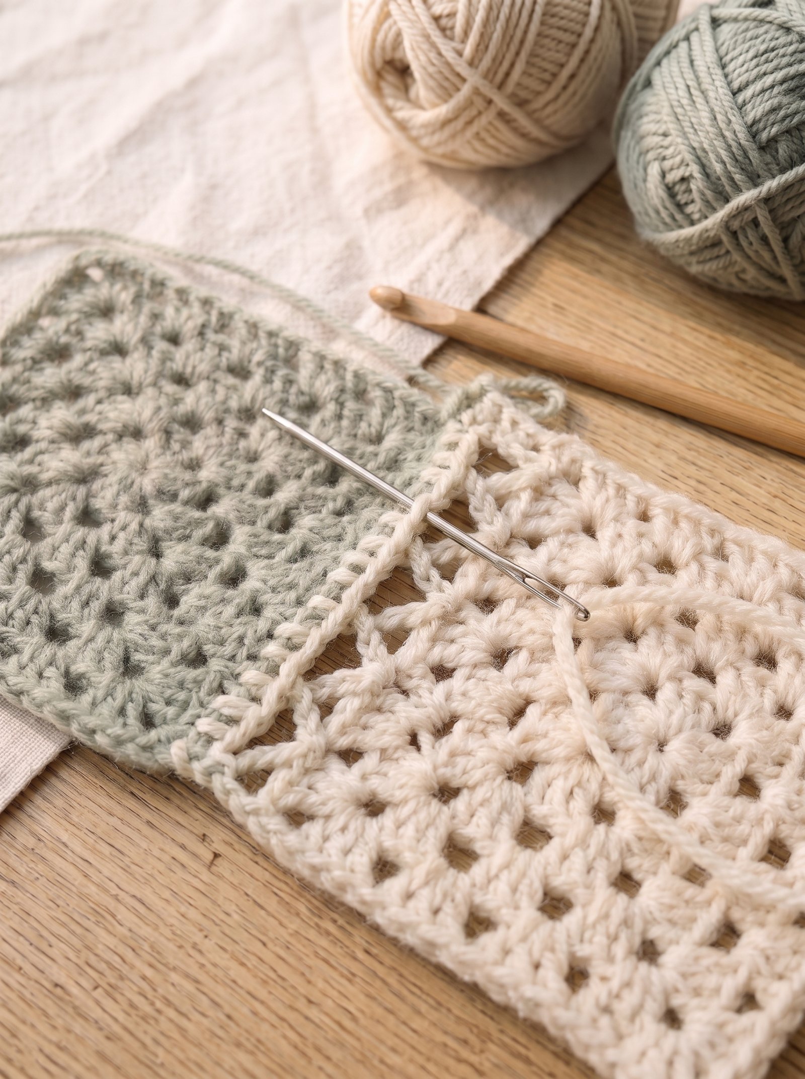 Blunt metal yarn needle whip-stitching the outer loops of two earth-toned crochet squares on a wooden board
